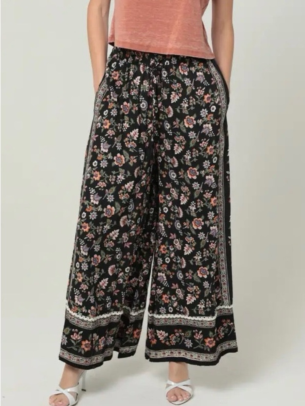 Angie Black Floral Wide-Leg Palazzo Pants